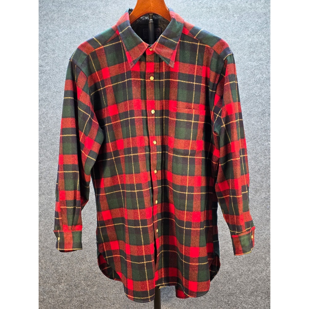 Pendleton Wool Shirt Mens L Red Green Plaid Excellent Washable Virgin Wool USA